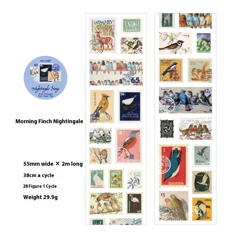 Roll of 55mm wide retro decorative stamp tape for journaling, showing one of four vintage design collections.