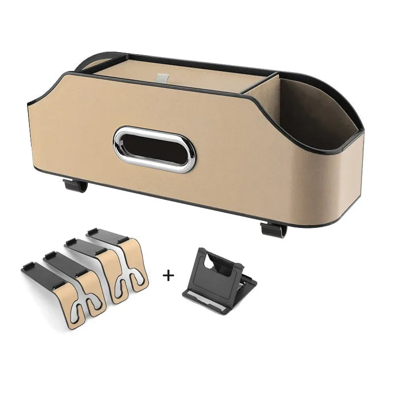 Genuine leather car tissue box and cup holder organiser in black, suspended from a headrest.