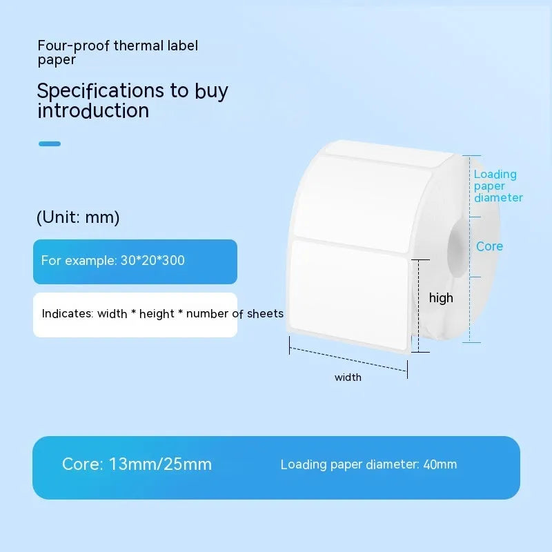Roll of white 40x40mm thermal synthetic paper adhesive labels for retail pricing and tagging.