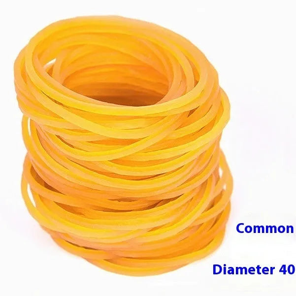 Assortment of bright yellow rubber bands in various sizes from a 500g pack.