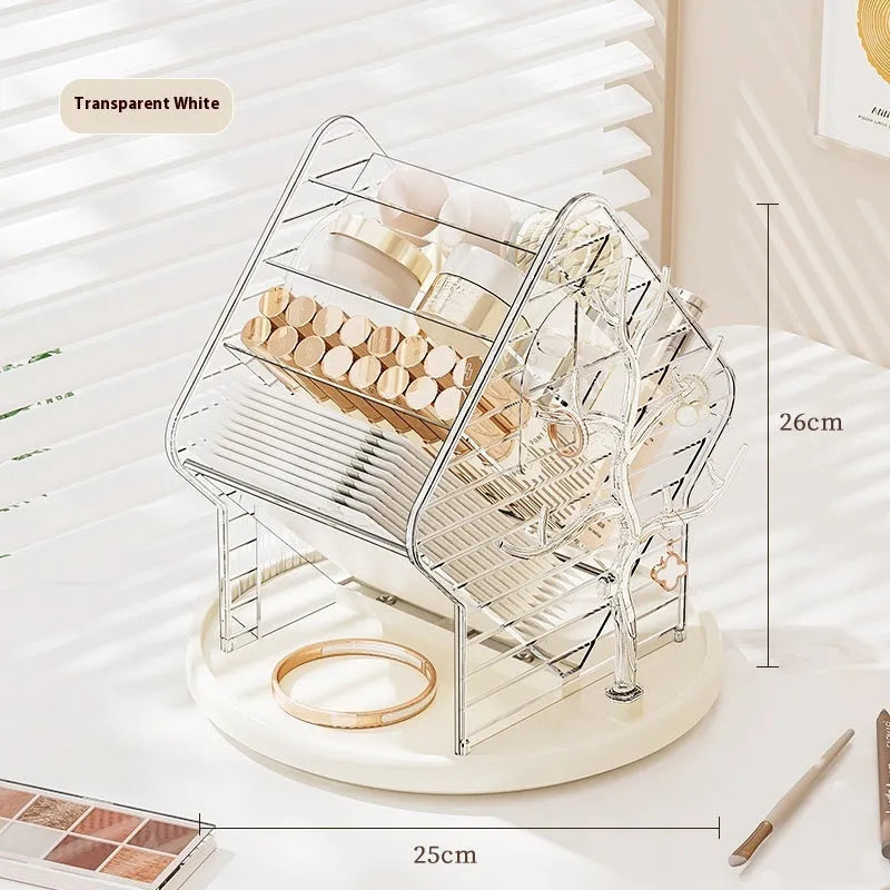 Rotating cosmetics storage box with 360-degree rotation in clear and amber gold plastic