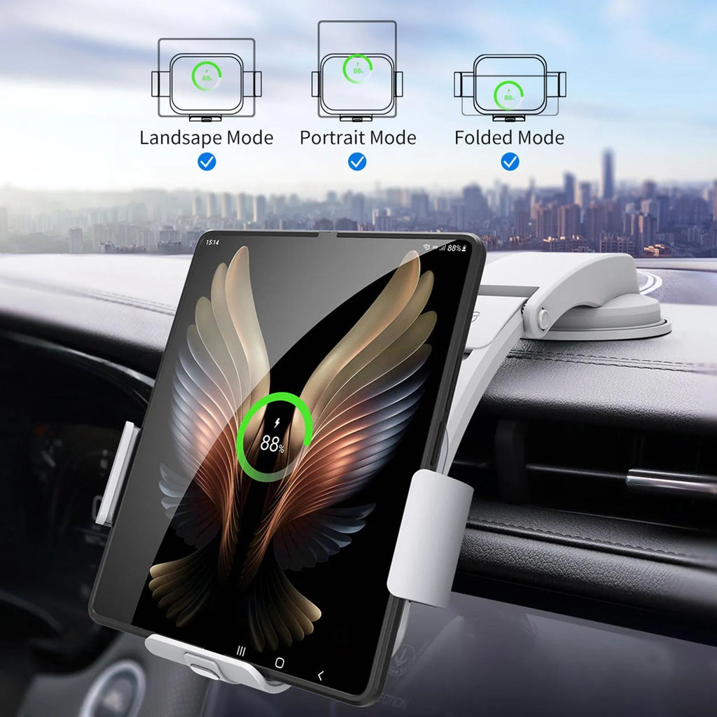 Grey wireless charging bracket with folding screen for mobile phones in vehicle use