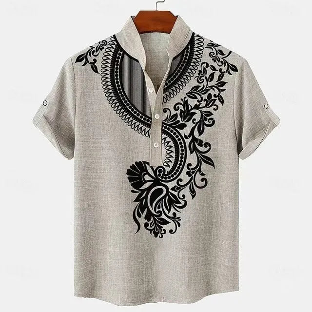 Men's loose-fit striped casual shirt with personalised buttons on a hanger
