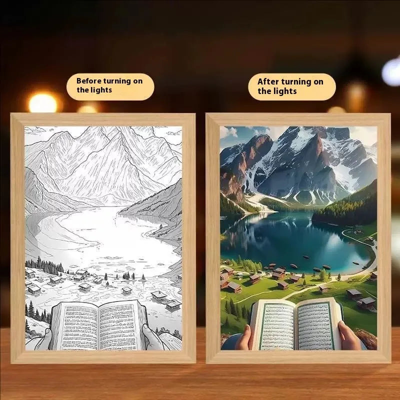 Modern rectangular LED photo frame displaying changeable sea scene artwork with built-in illumination