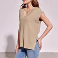 Women's camel and white V-neck sleeveless pullover vest in loose casual fit