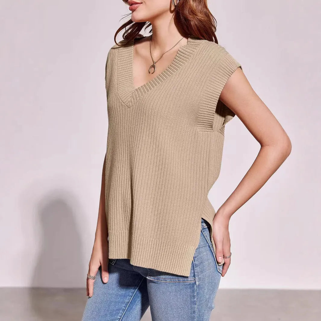 Women's camel and white V-neck sleeveless pullover vest in loose casual fit