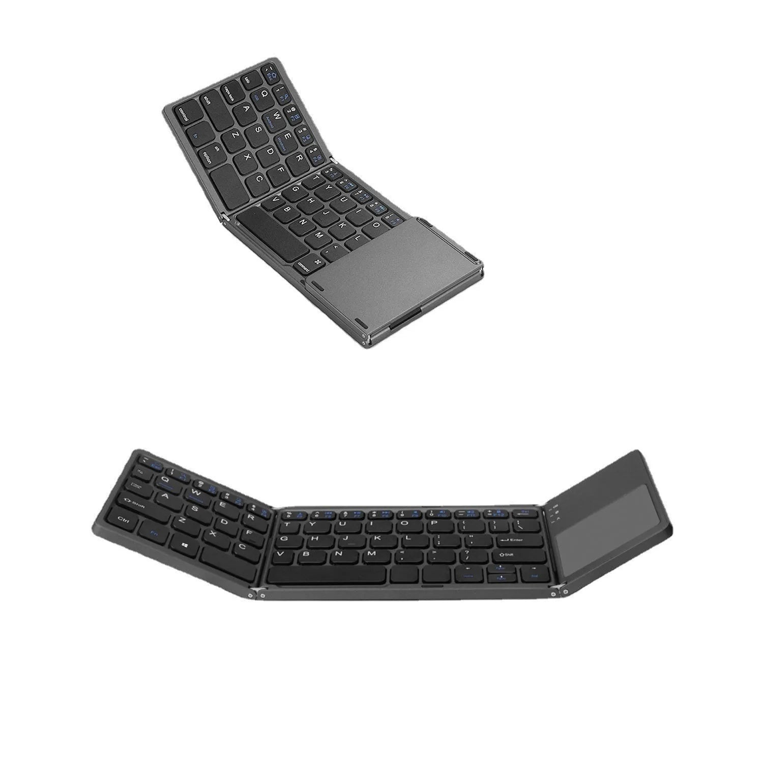 A closed black tri-fold Bluetooth keyboard next to a smartphone, showing its slim 0.8cm profile.
