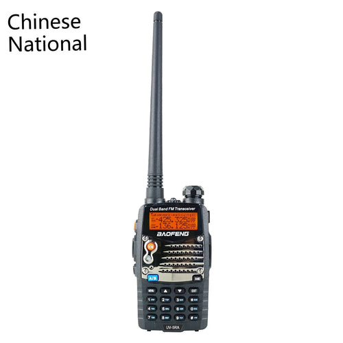 Baofeng UV-5RA dual-band walkie-talkie with dual display showing channel information