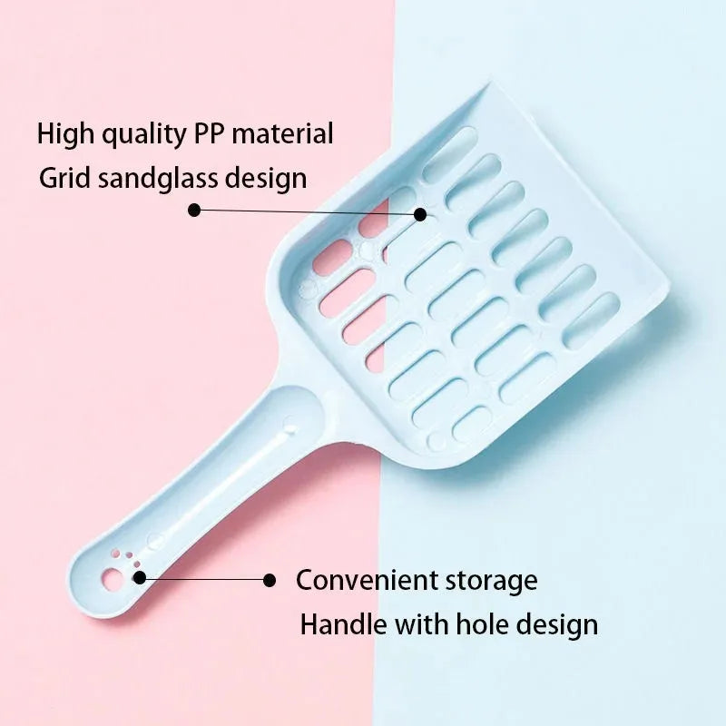 Blue plastic cat litter scoop with sand filter, shown next to a ruler indicating 20cm length.