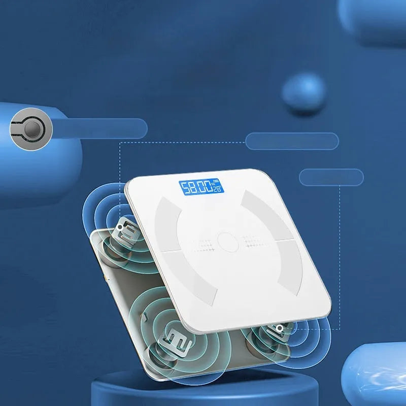 Smart Bluetooth rechargeable body fat scale in white, black or pink colours on bathroom floor