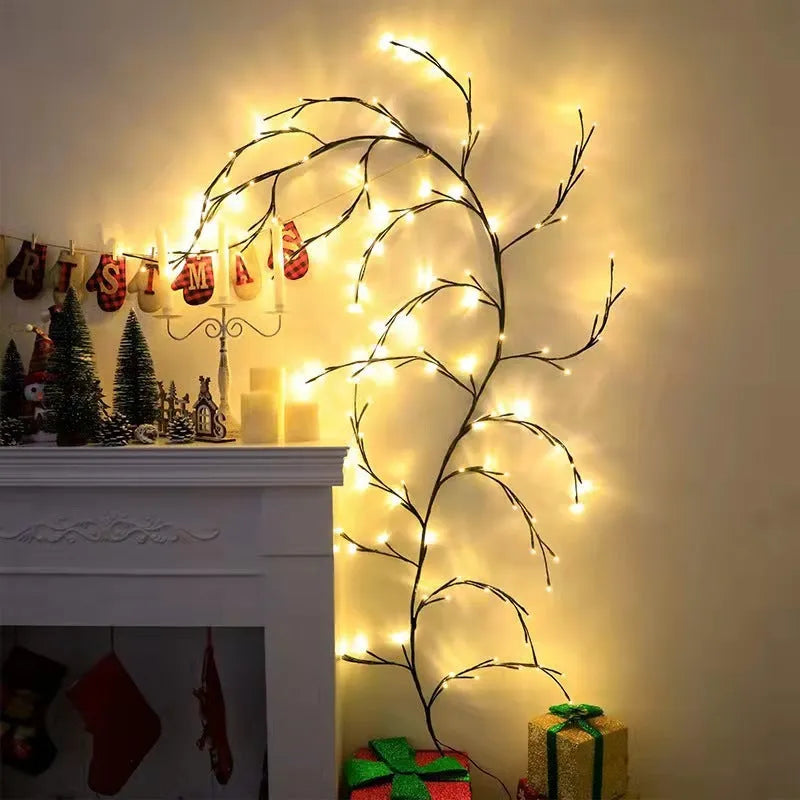 Flexible LED willow vine light garland with birch texture and 144 warm white lights on 2.3 metre branch