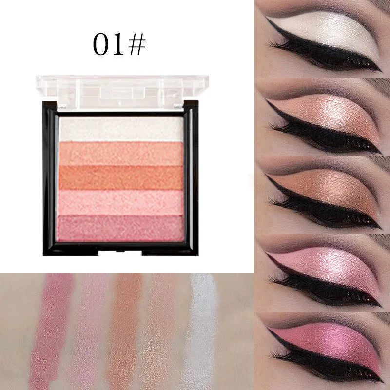 A compact of highlight eye shadow in one of six colour styles, shown open to display the powder.