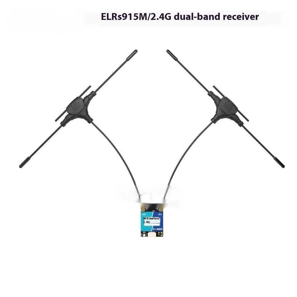 GeminiX ELRS dual-frequency FPV receiver kit with metal base station, two T-shaped antennas, and installation accessories.