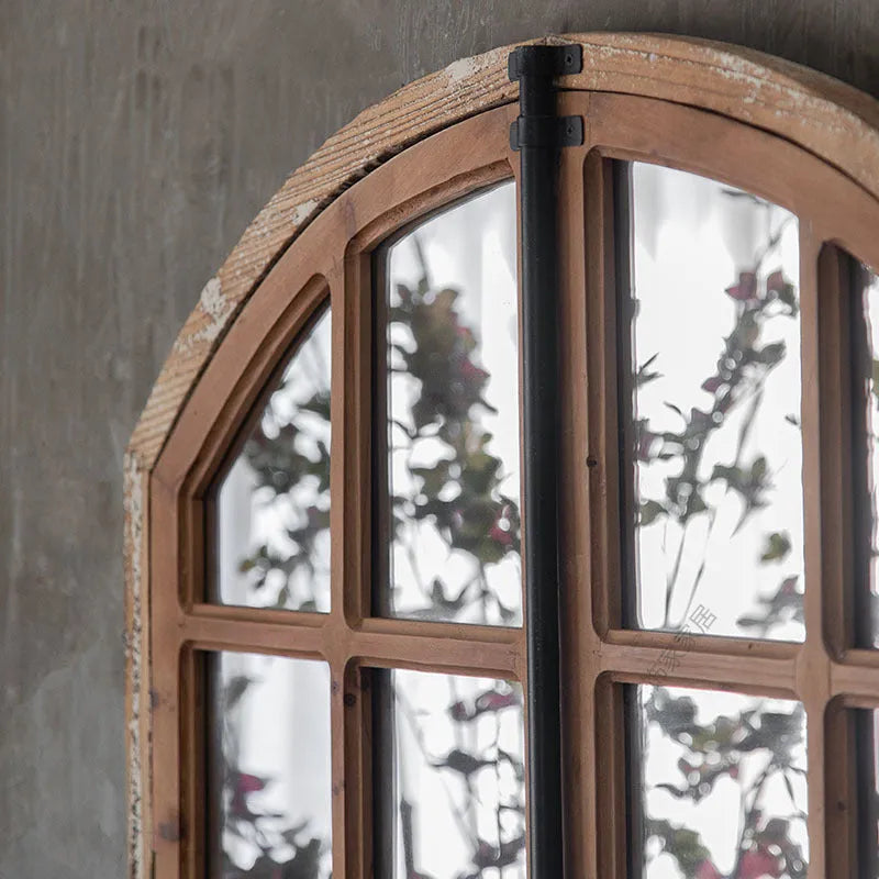 Terrace distressed fake window wall mirror with wooden frame and log colour finish