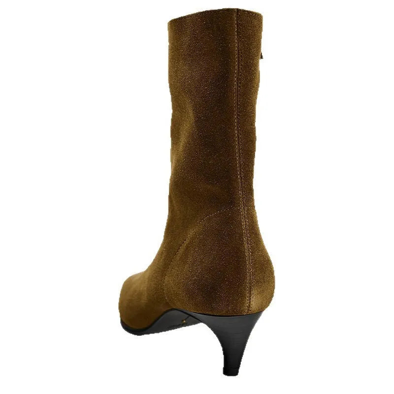 Brown women's square toe ankle boots with a side zipper and a mid kitten heel on a white background.