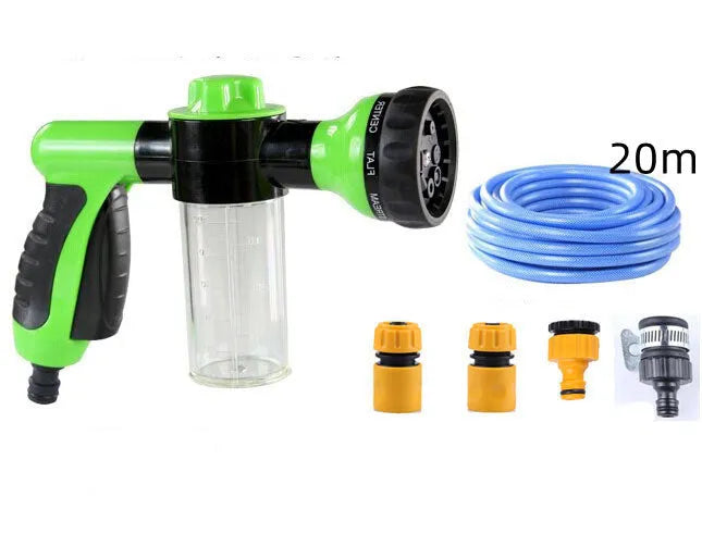 Green high-pressure foam spray water gun with adjustable nozzle for car and garden cleaning.