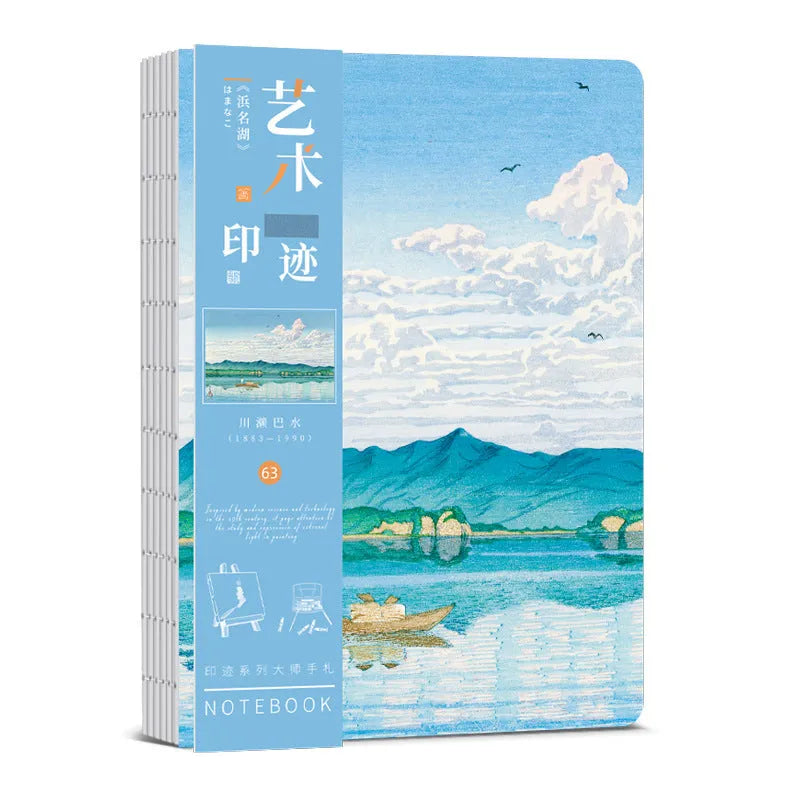 Ukiyo-e series hand ledger notebook showing Japanese art cover and open writing pages