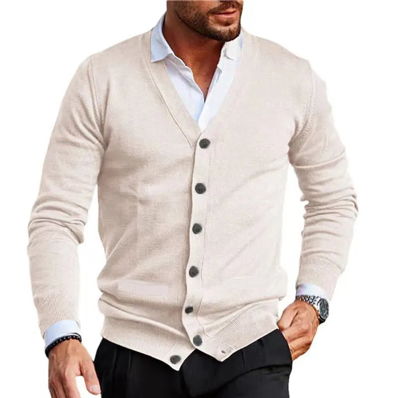 Men's slim fit acrylic cardigan in wine red colour, shown as an autumn sweater coat.