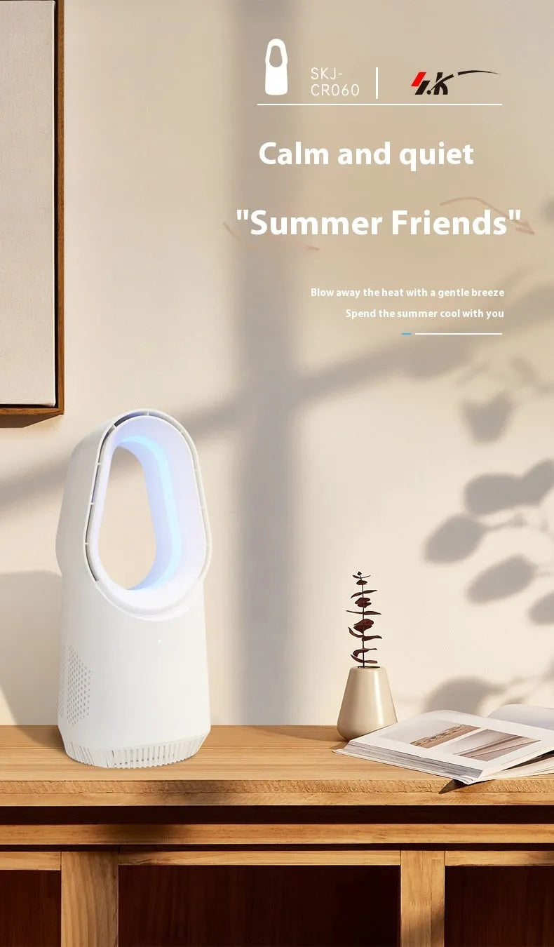 White SK bladeless tower fan standing on a floor, showing its sleek column design and touch control panel.