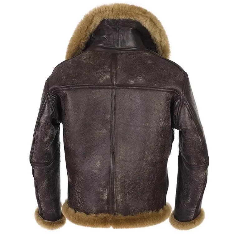 Men's brown retro faux fur winter coat with straight hem and side pockets