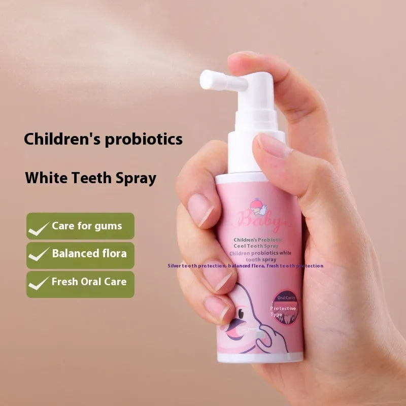 Children's probiotic anticavity teeth cleaning spray in 40ml bottle with strawberry and orange flavour options