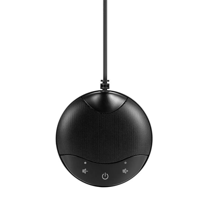 Black USB condenser microphone for conferences and gaming with 9x9x1.7cm dimensions