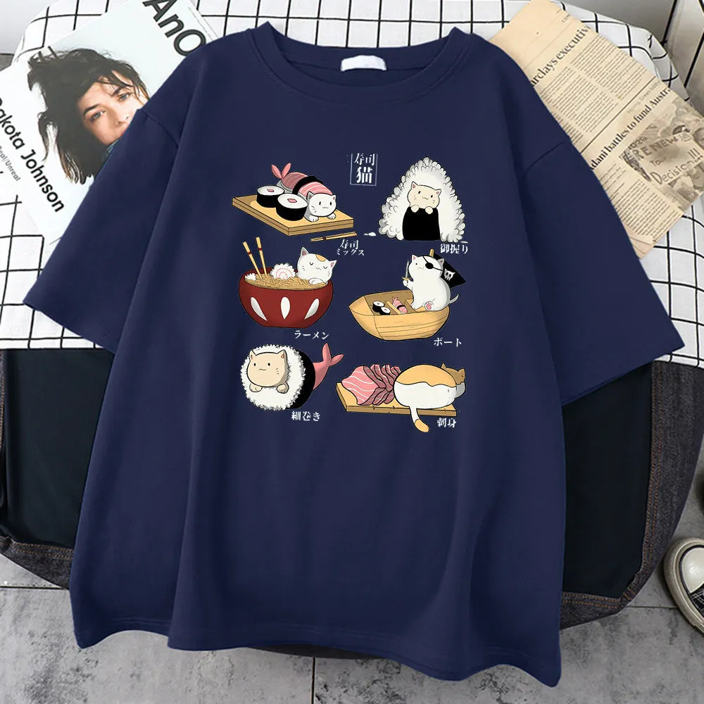 Men's black cotton T-shirt with printed cat sushi cartoon design, short sleeves, loose fit