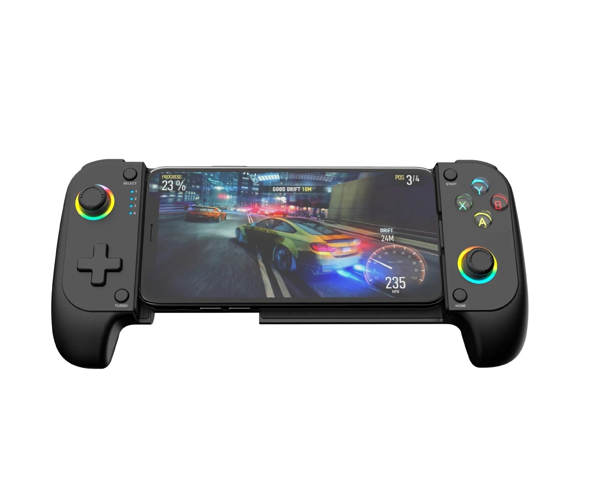 Bluetooth wireless stretching game controller for mobile phones in black, red and blue, or white.