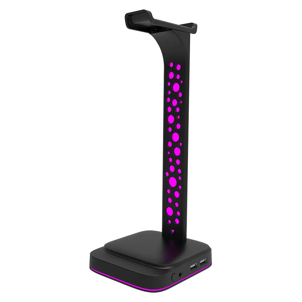RGB colour-changing headset display bracket with dual USB ports and a 1.5-metre cable on a desk