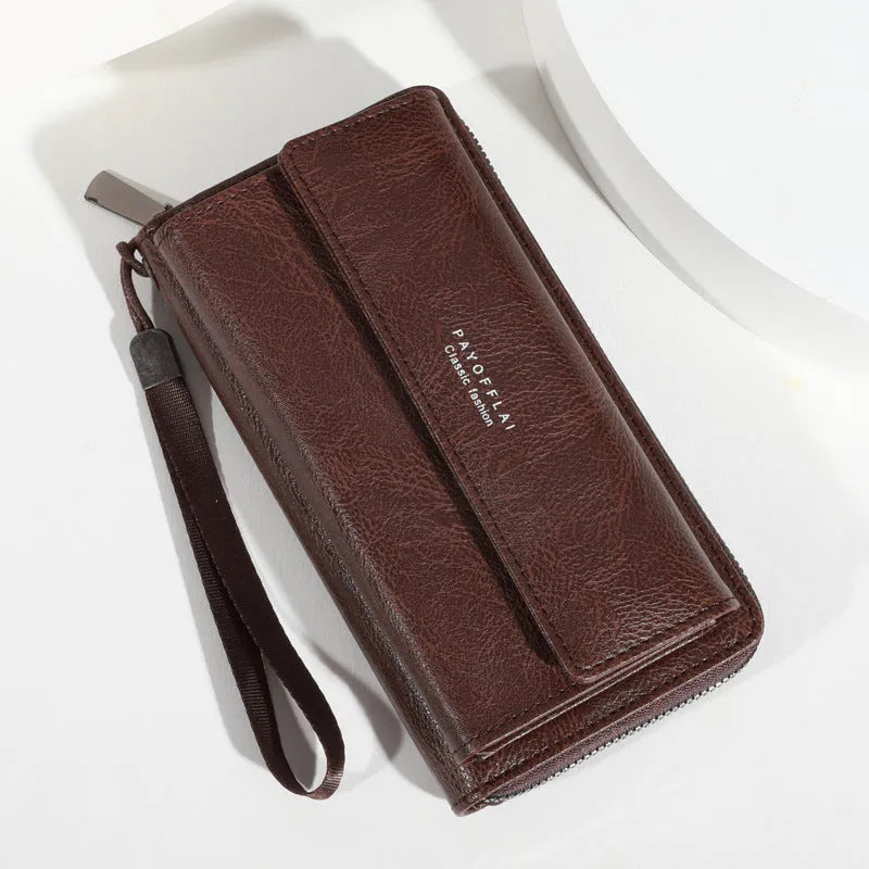 Men's black PU leather long wallet with multiple card slots, shown closed.