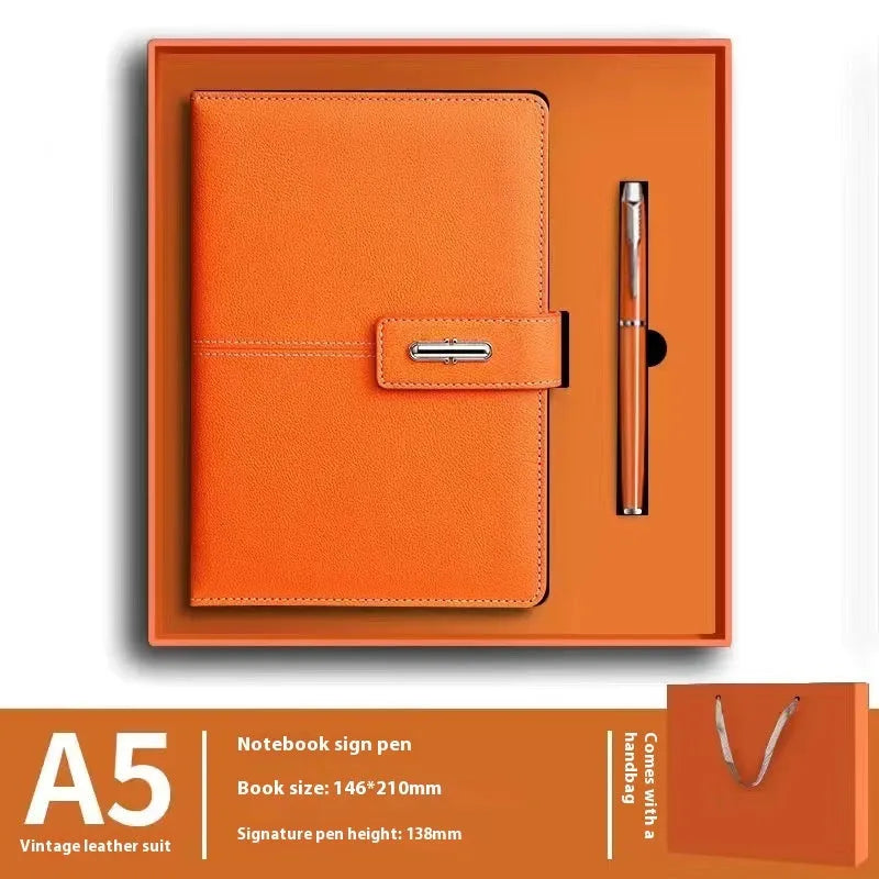 A5 notebook with imitation leather cover in multiple colour options including black, red, green, blue, and orange.