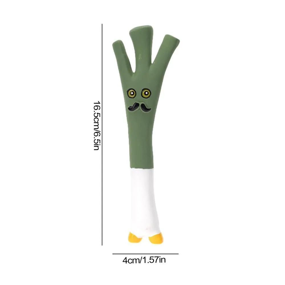 Cartoon onion and eggplant latex dog chew toy for puppies on a white background.