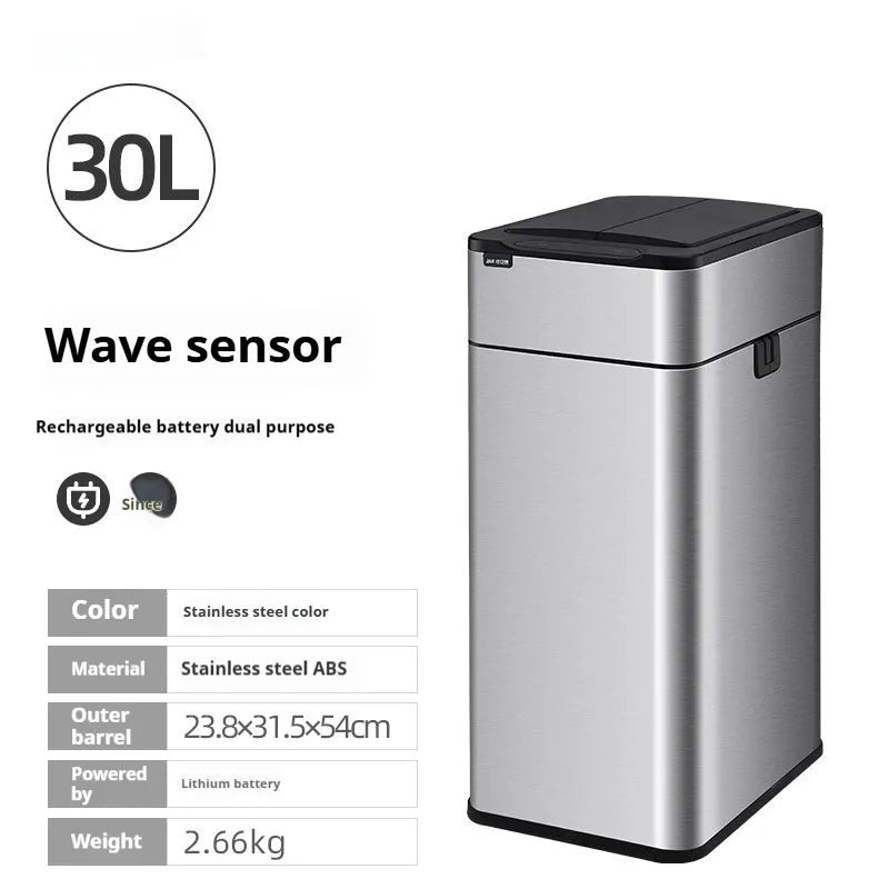 Square stainless steel inductive smart trash can with automatic lid and deodorant system