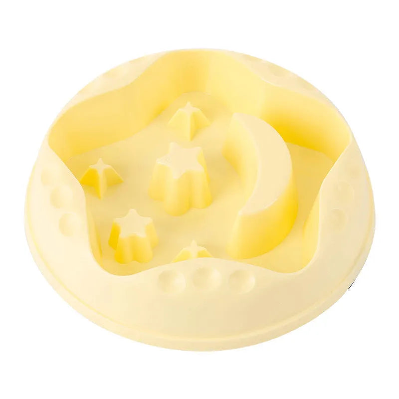 Blue star and wings design large plastic slow feeder dog bowl with maze pattern.