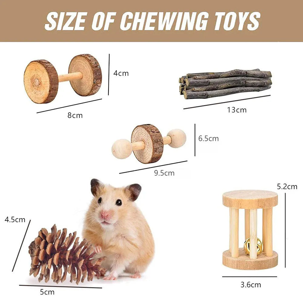 Wooden pet toy set with chewable pieces for rabbits, guinea pigs and parrots