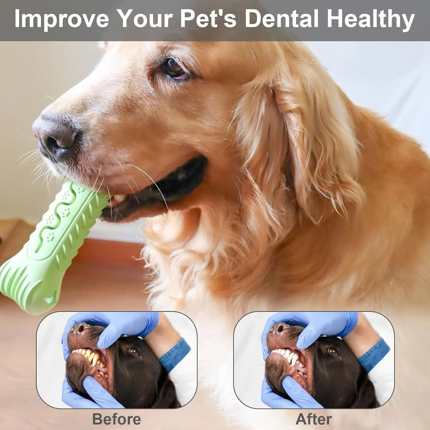 Blue bone-shaped dog chew toy made from natural rubber with textured surface for teeth cleaning
