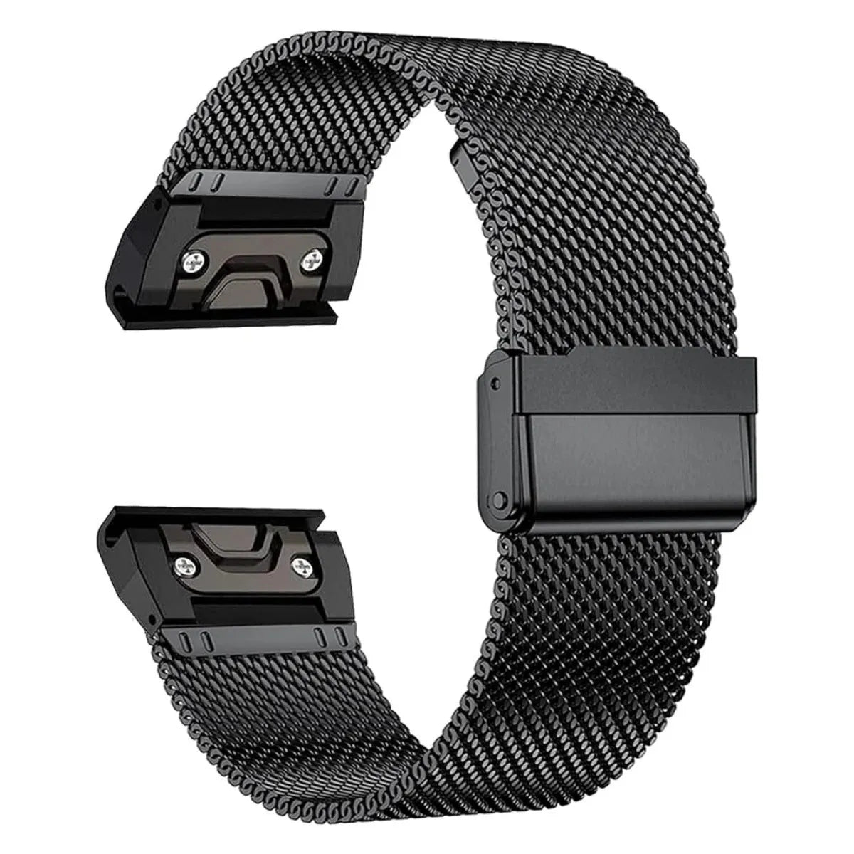 Stainless steel card watch strap for Garmin Fenix models in silver, black, gold, and rose gold finishes.