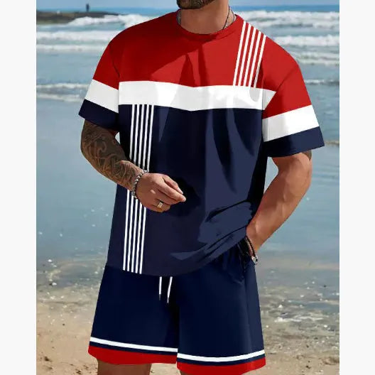 Men's loose-fit short-sleeved T-shirt and shorts set in a light colour for summer.