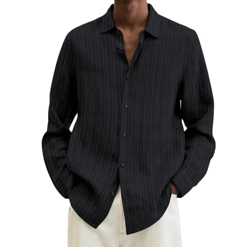 Men's striped long sleeve cardigan shirt in British style loose fit on hanger