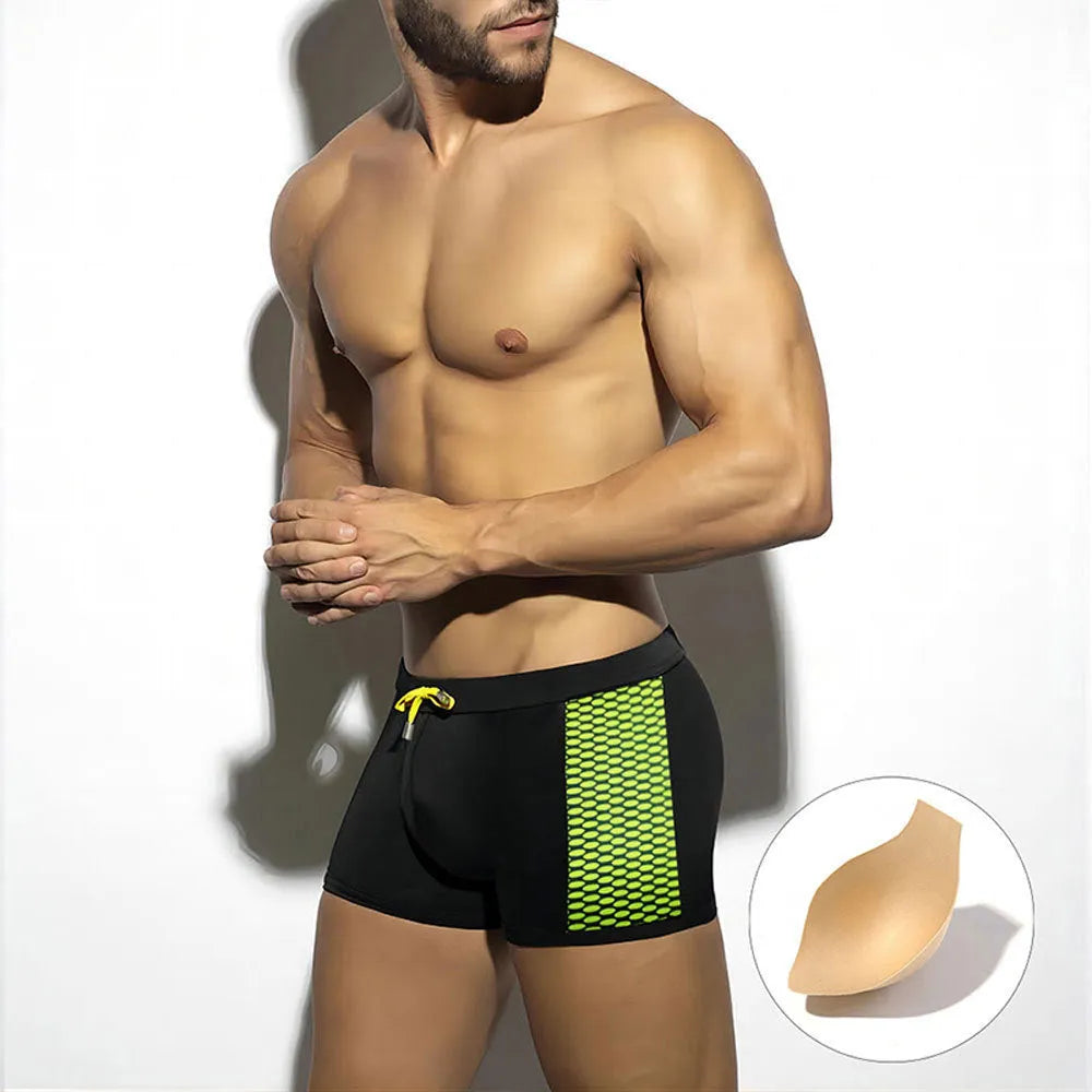 Men's polka dot print quick-dry swimming boxers in black, dark blue, or yellow.