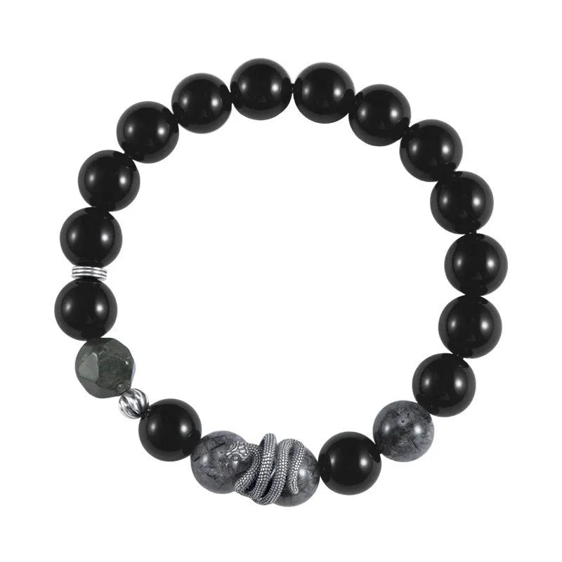 Men's black obsidian and sterling silver snake year bracelet with retro design, 10mm wide.