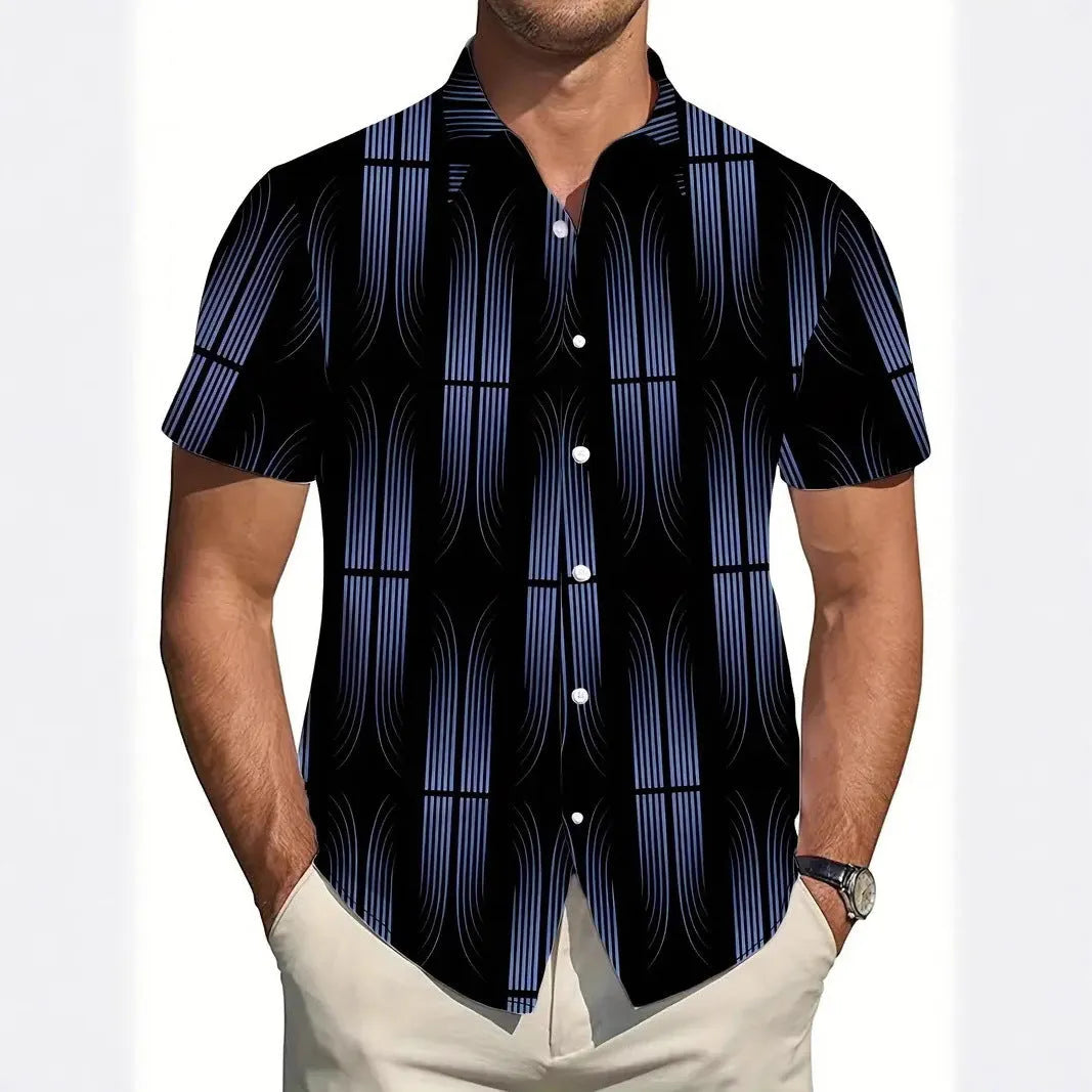 Men's geometric line print lapel short sleeve shirt in slim fit cardigan style