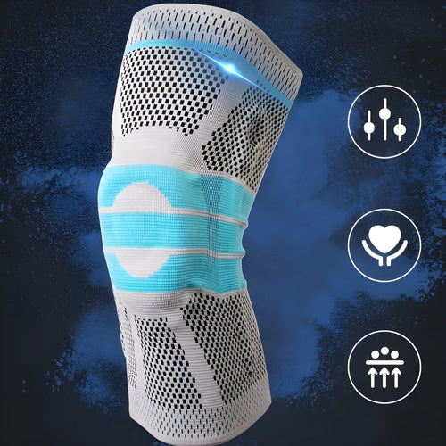 Sky blue silicone basketball knee pads with elastic fibre construction shown in knee sleeve design