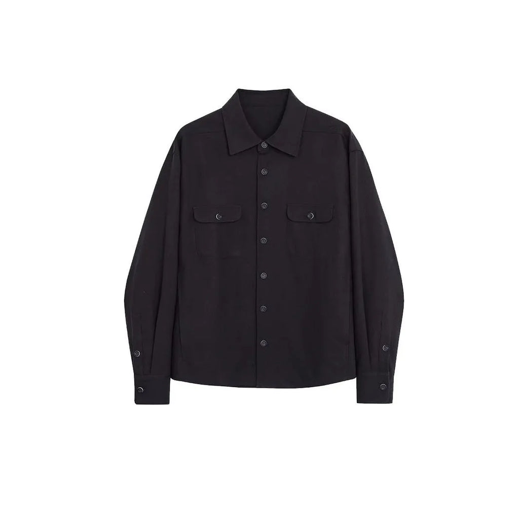Men's simple lapel long sleeve shirt in light sand rice colour, cotton blend fabric, laid flat.