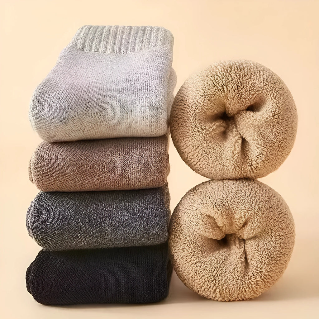 Men's winter wool socks with thick merino midsole in black, khaki, light grey, and dark grey colours