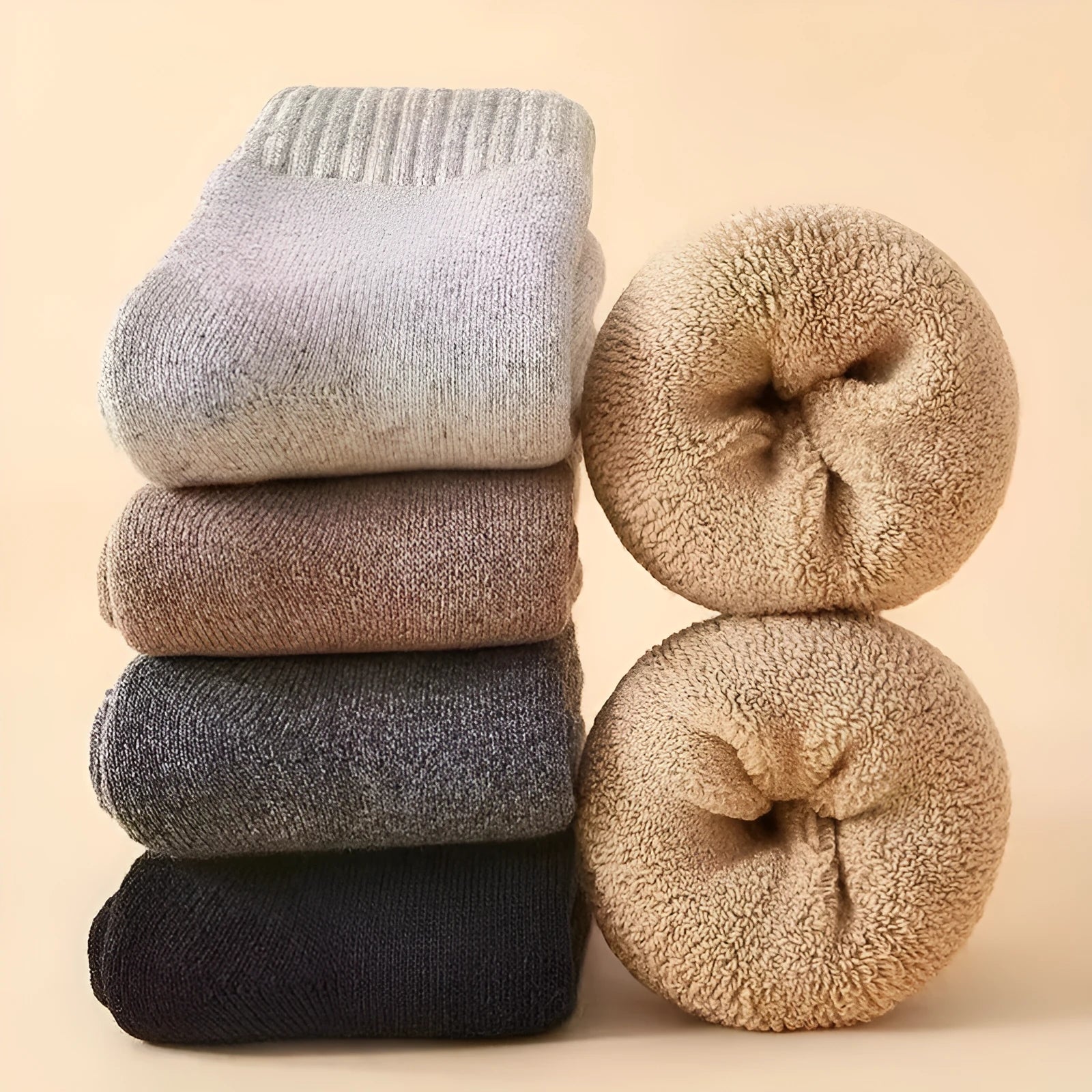Men's winter wool socks with thick merino midsole in black, khaki, light grey, and dark grey colours