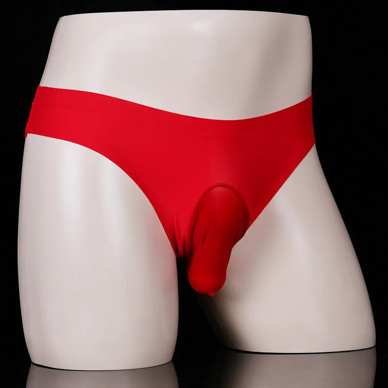 Men's low-waist ice silk underwear briefs in black, showing T-back design and silky texture.