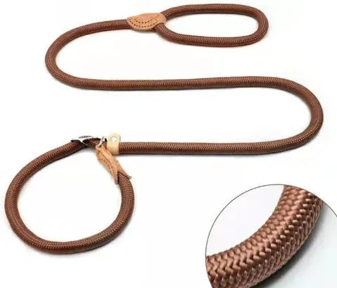 Brown nylon dog leash with chain links measuring 2.1 metres in length