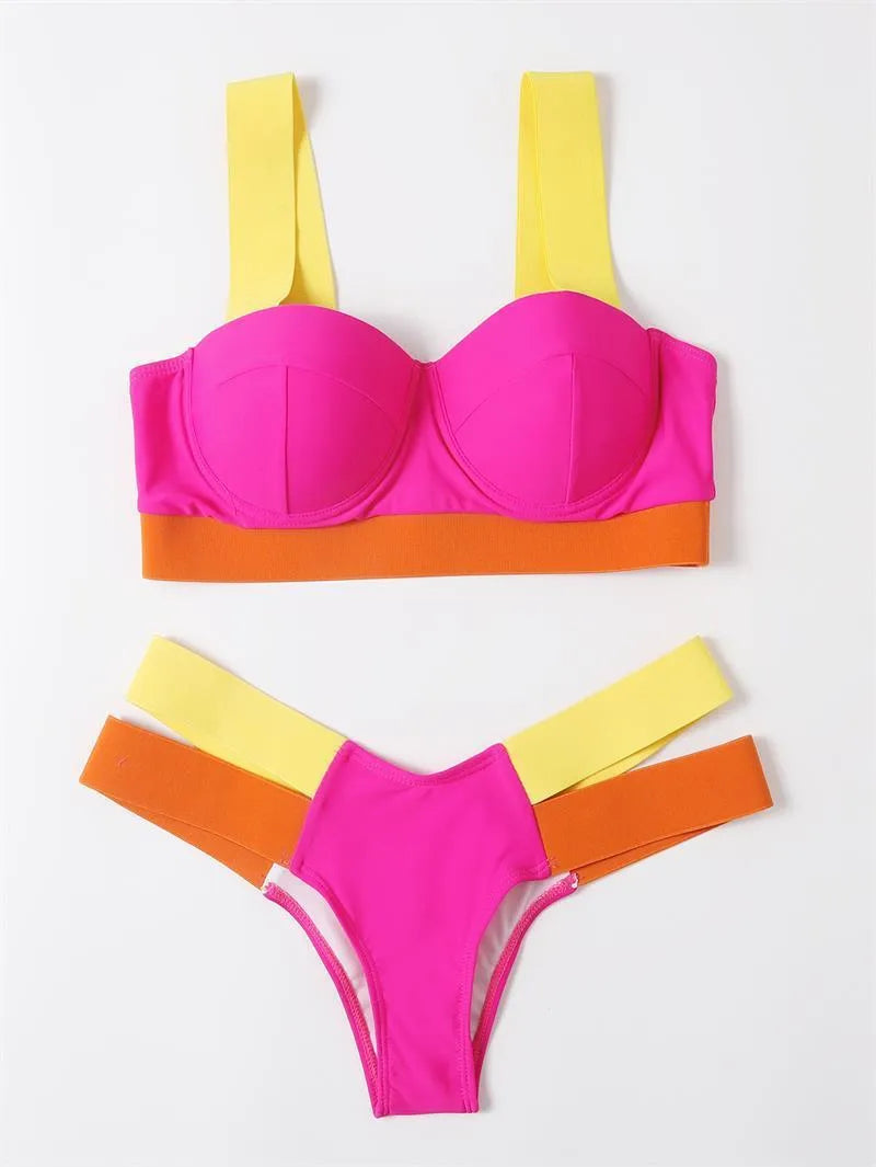Women's steel bracket push-up bikini swimsuit in contrast colours including rose red and peacock blue