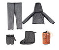 Full set of mesh anti mosquito suit including hooded top, pants, and booties for summer outdoor wear